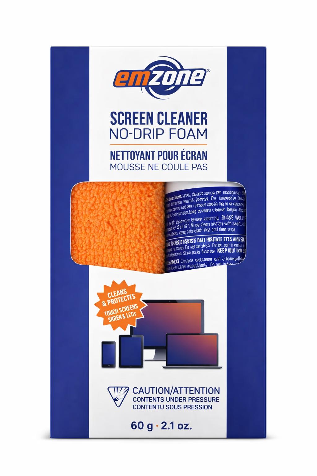 EMZONE Screen Cleaner - No-Drip Foam with Microfiber Cloth - 60g